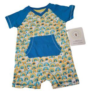 Burt's Bees Baby Boy Romper Blue, White & Yellow Rainbows  0-3 Months